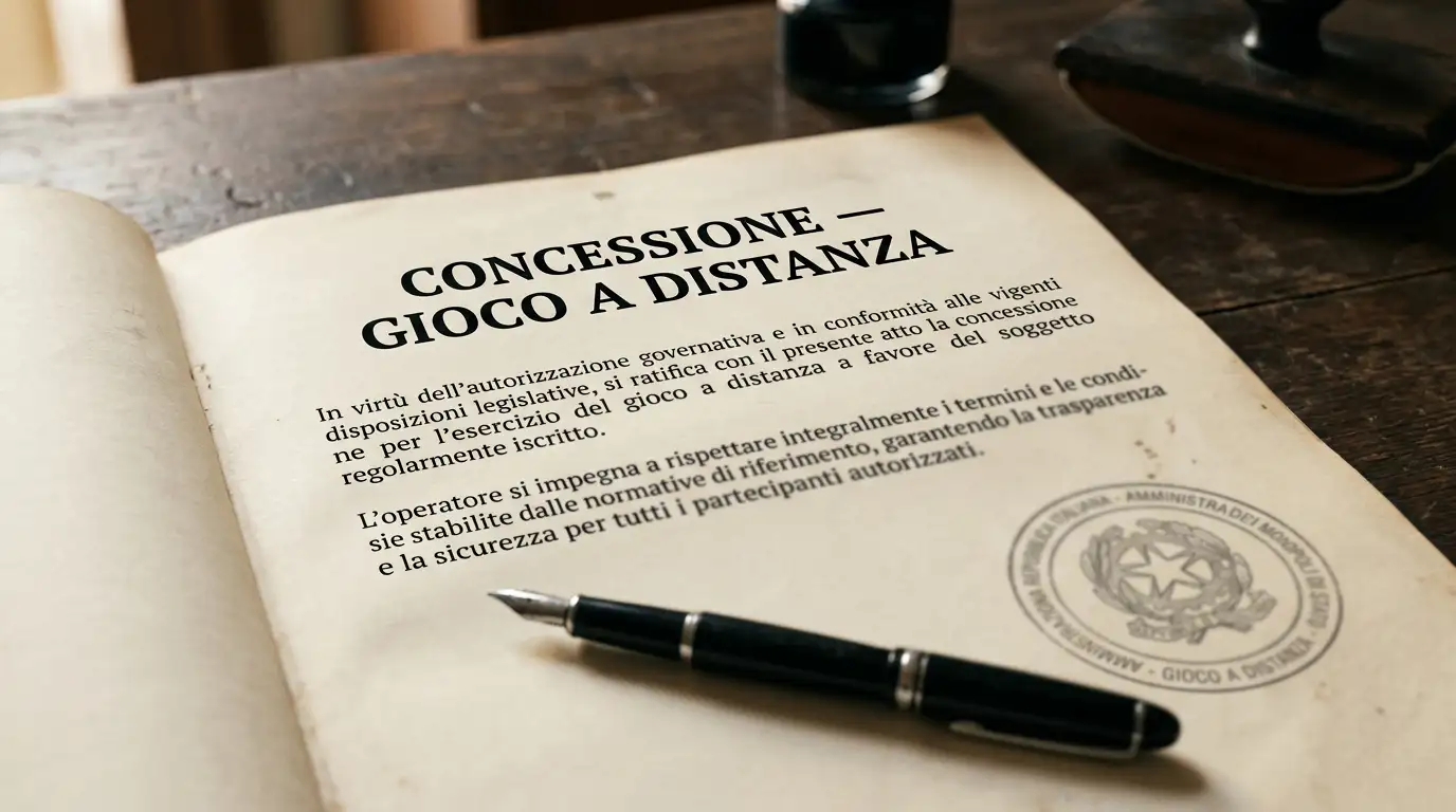 Cartella con documenti di concessione ADM aperta su una scrivania con timbro ufficiale e penna stilografica
