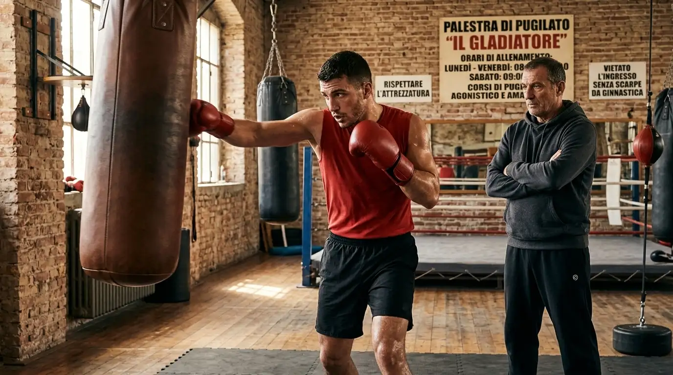 Pugile professionista in allenamento al sacco osservato da un coach in palestra prima del match