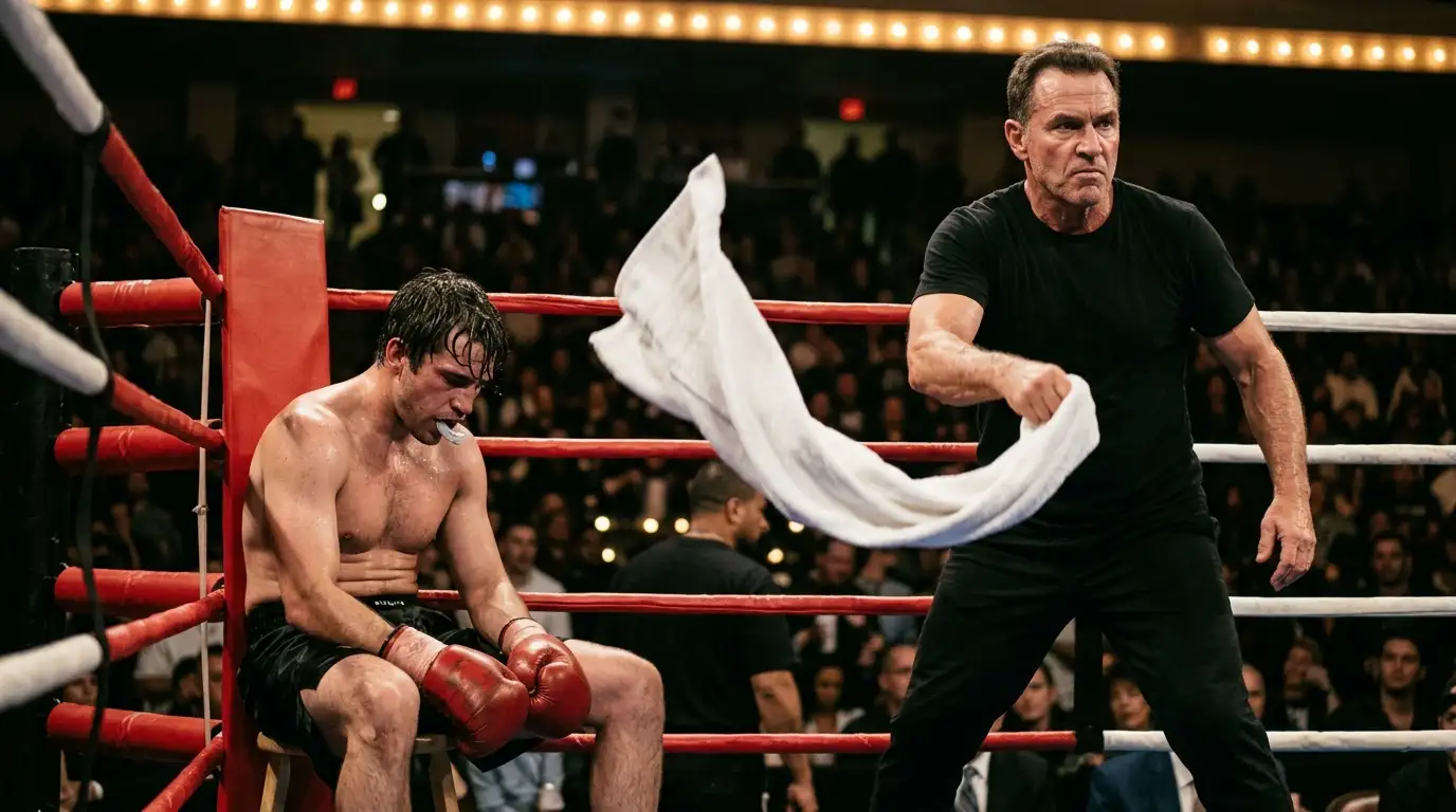 Allenatore nell'angolo del ring getta la spugna durante un match di boxe