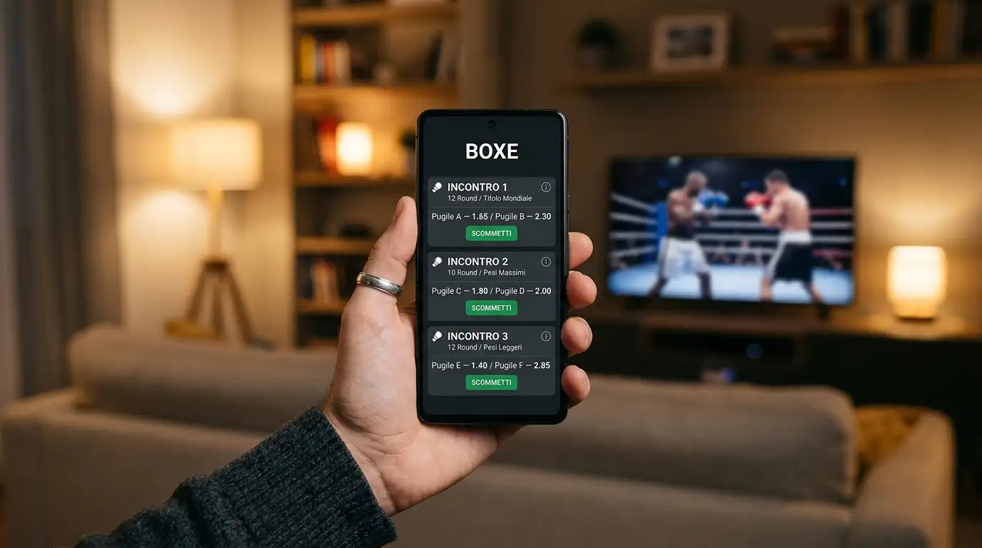 Smartphone in mano che mostra un'interfaccia mobile di scommesse sportive con mercato pugilato selezionato