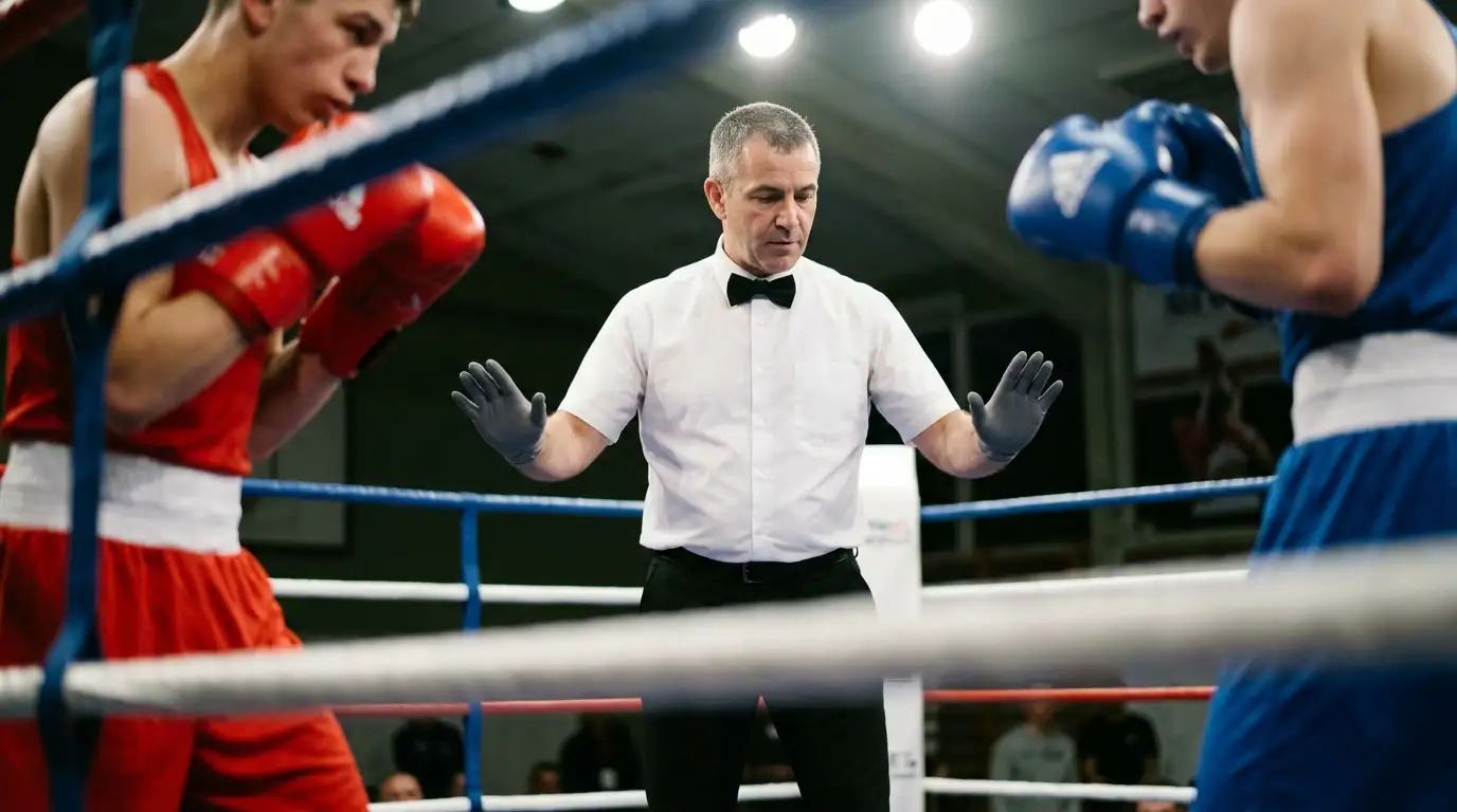 Arbitro al centro del ring esamina i pugili prima dell'inizio del combattimento