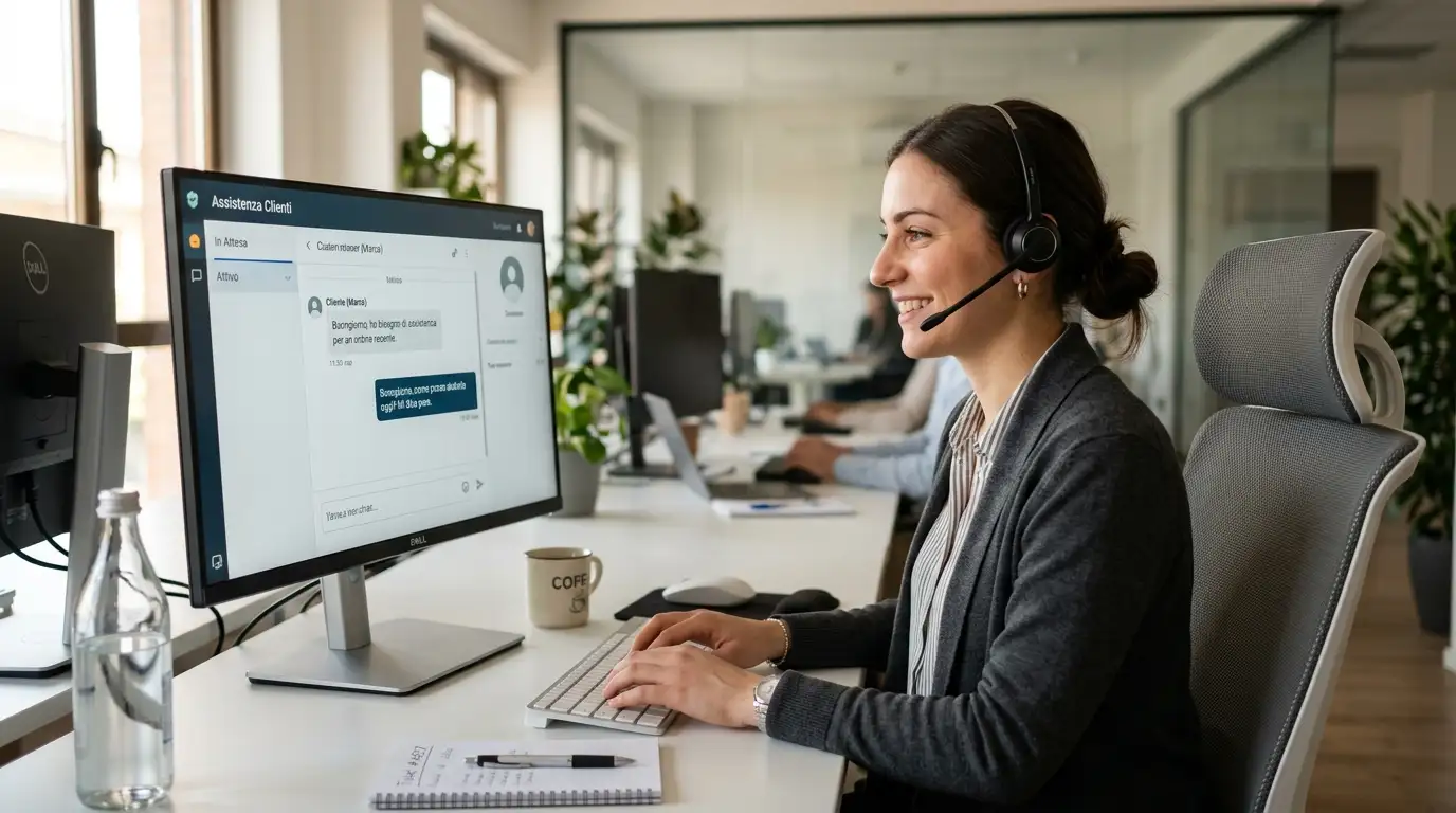 Operatore di assistenza clienti con cuffia auricolare risponde via chat a una richiesta da un'utente di scommesse sportive