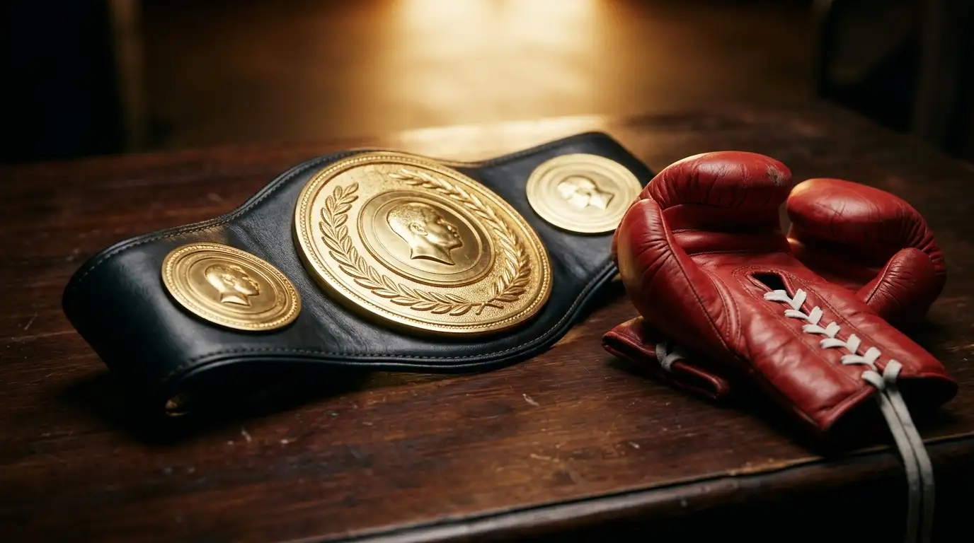 Cintura mondiale di boxe poggiata su un tavolo prima di un match per il titolo