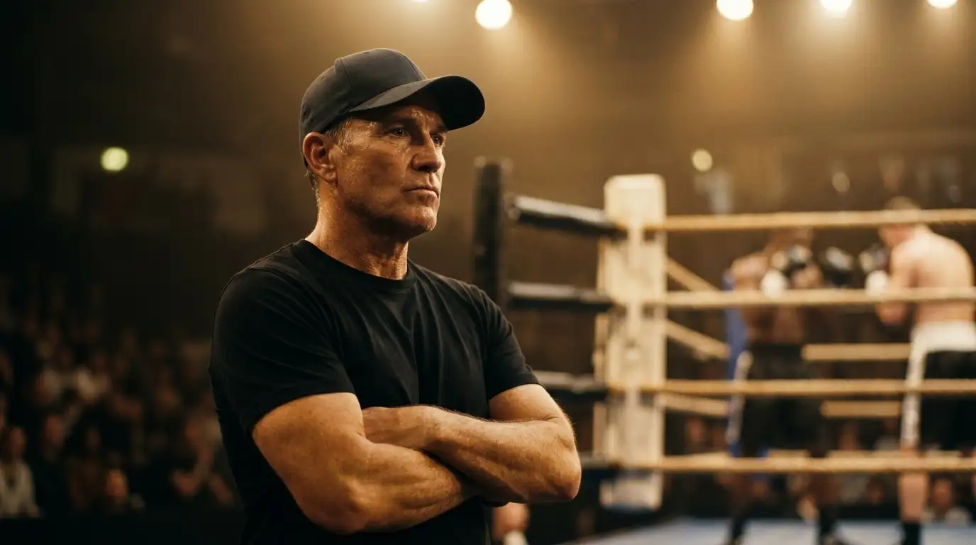 Allenatore di boxe medita su una decisione strategica nell'angolo del ring