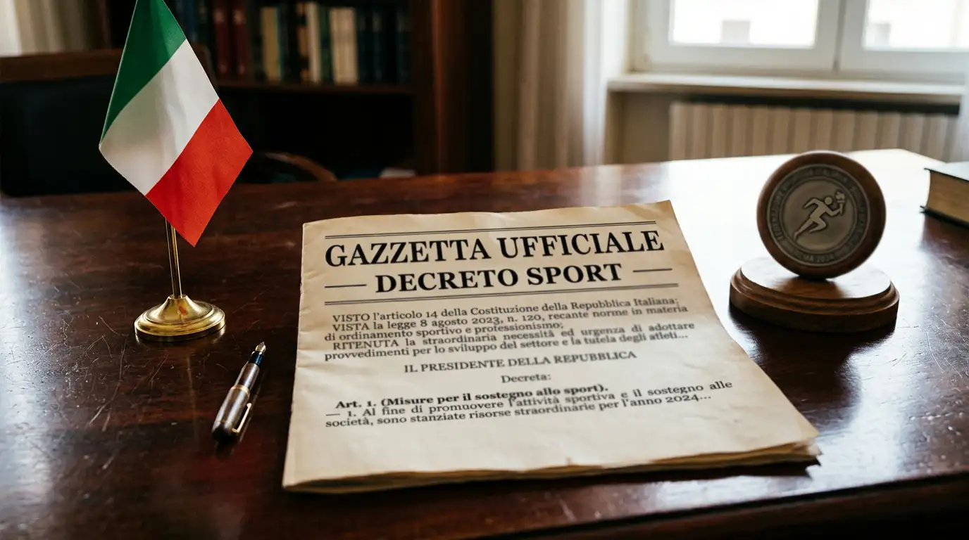 Gazzetta Ufficiale aperta sul testo del Decreto Sport accanto a una bandiera italiana e un sigillo CONI su una scrivania istituzionale