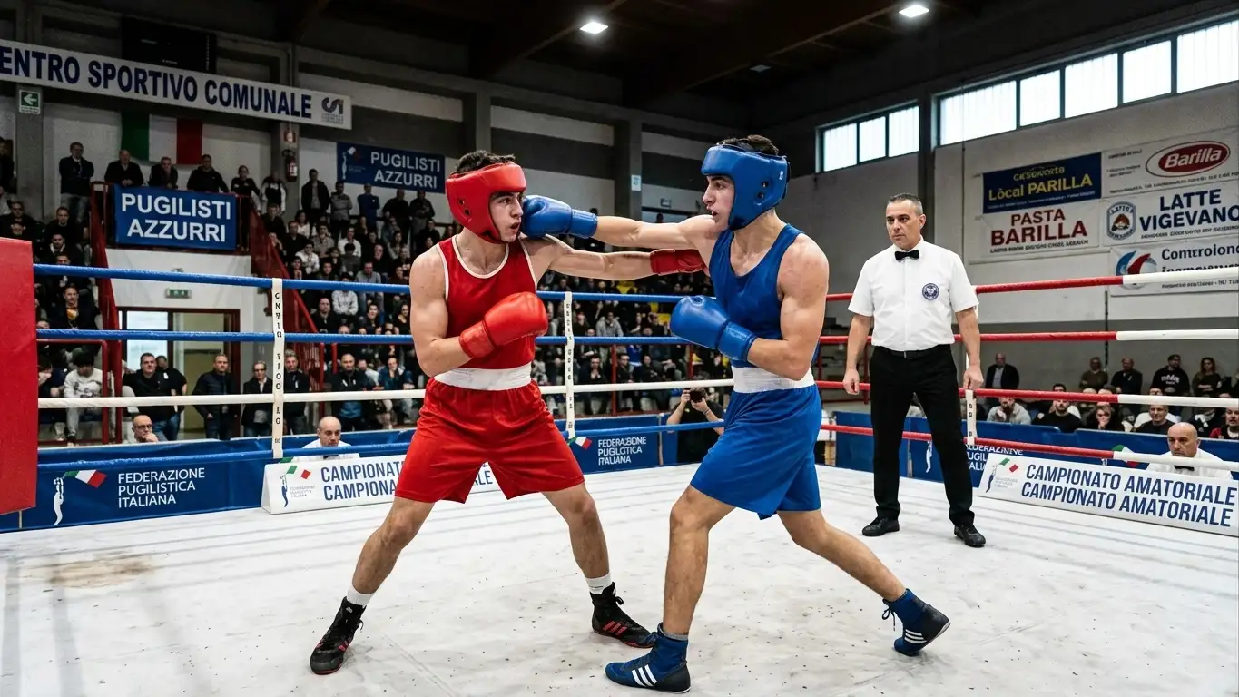 Match di pugilato dilettantistico FPI con due pugili in caschetto di protezione blu e rosso che si scambiano colpi al centro del ring