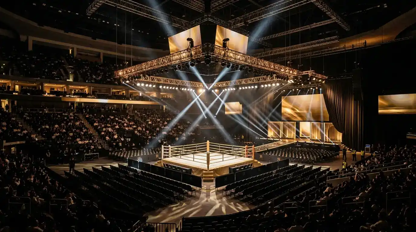 Pugili sotto i riflettori di un'arena araba prima di un grande evento di boxe