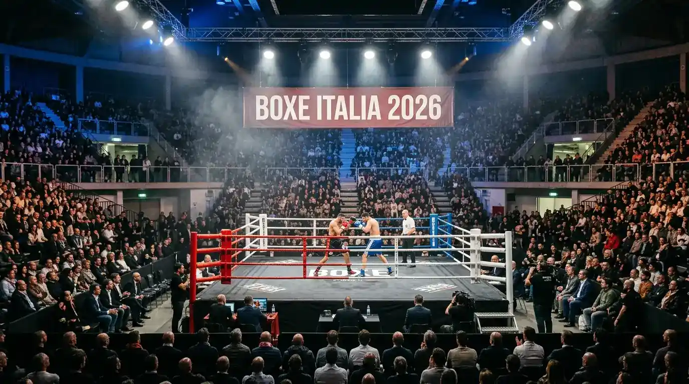 Palazzetto sportivo italiano illuminato per una serata di pugilato professionistico con ring centrale e tribune piene di pubblico