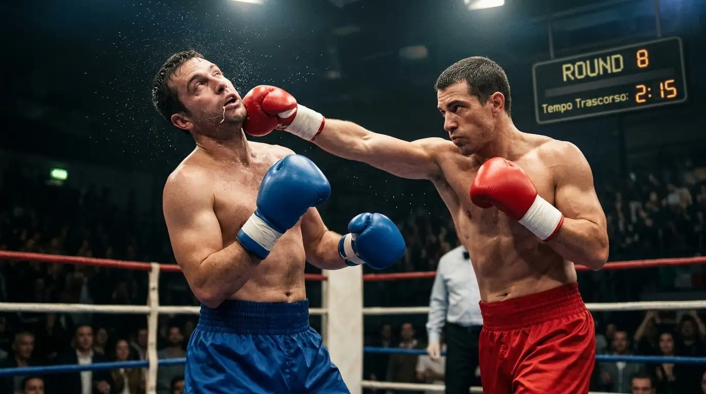 Pugile dominante sovrasta l'avversario con un montante nel ring