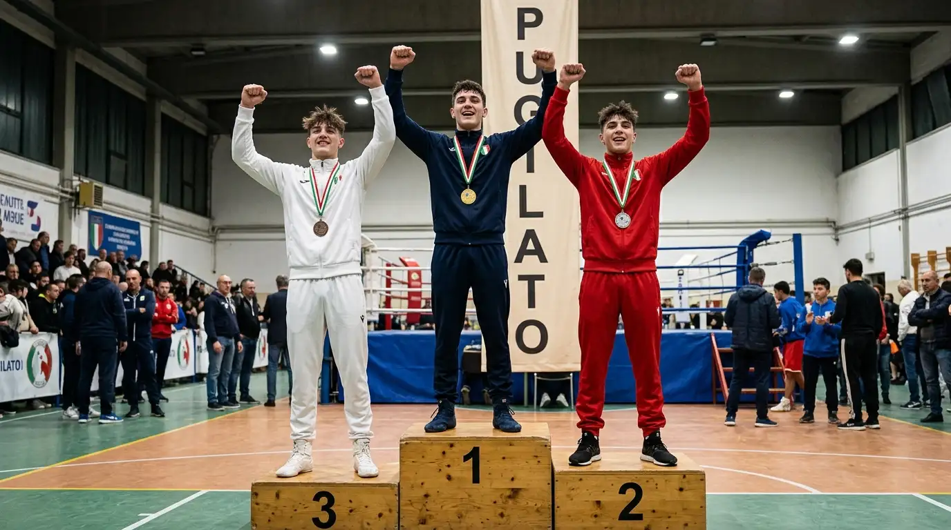 Pugili italiani sul podio di una premiazione federale con medaglie al collo e mani alzate in segno di vittoria