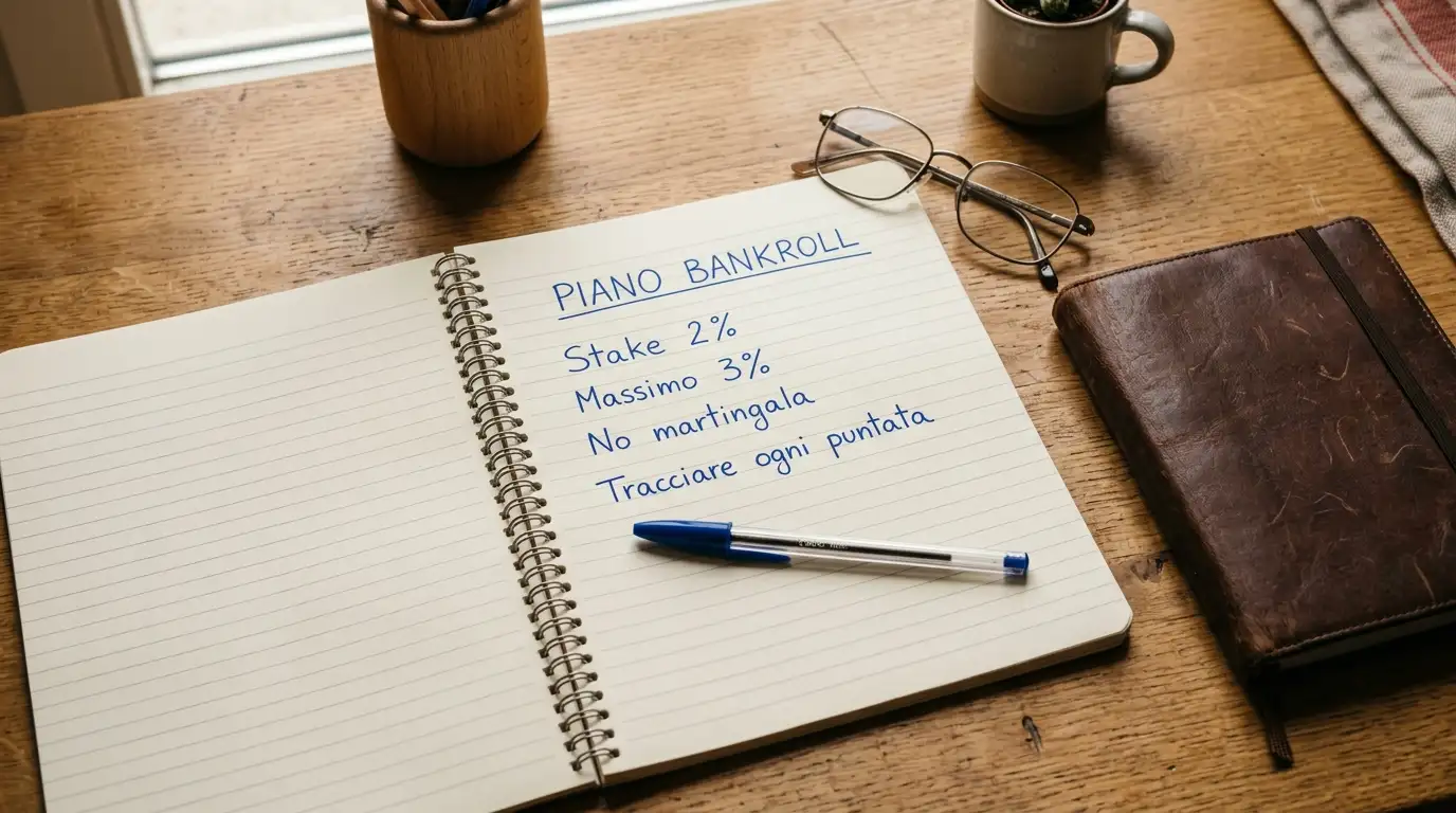 Taccuino aperto su un tavolo con annotazioni manoscritte su gestione di un bankroll per scommesse pugilato e penna a fianco