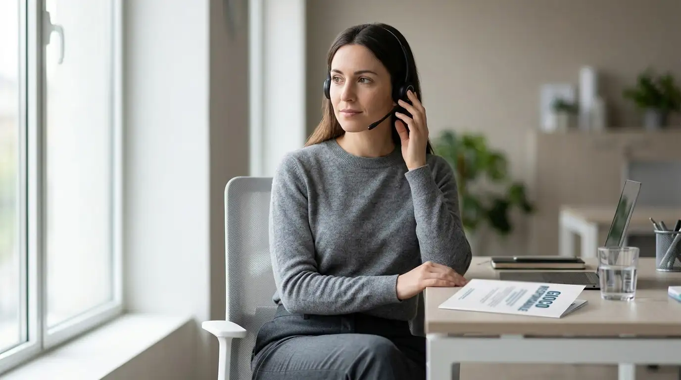 Operatrice di un servizio di supporto con cuffia auricolare che ascolta una telefonata di consulenza su gioco responsabile in un ufficio sereno