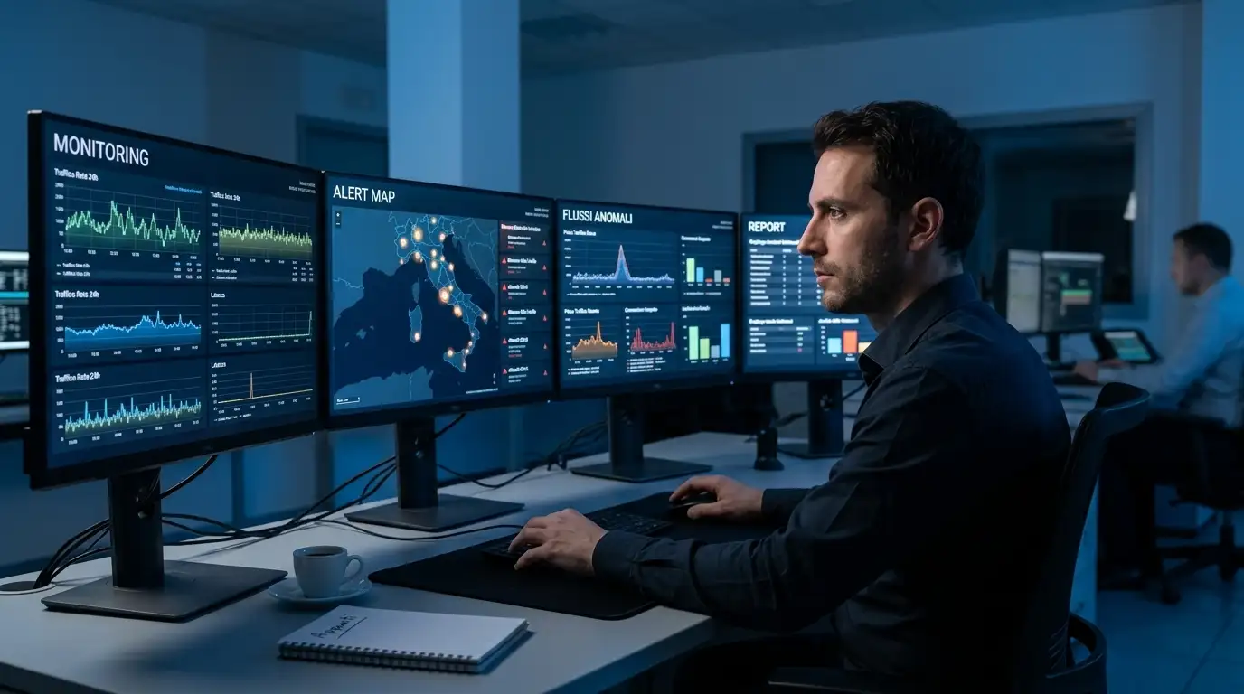 Analista in una sala di controllo che osserva diversi monitor con grafici a linee di flussi anomali di scommesse internazionali