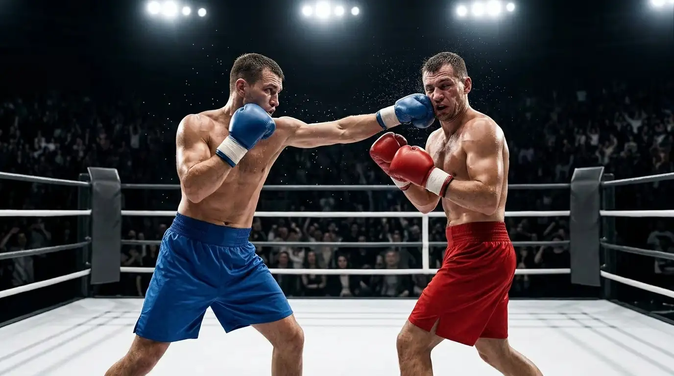 Pugile che colpisce con un gancio sinistro al volto dell'avversario sotto i riflettori del ring durante un round