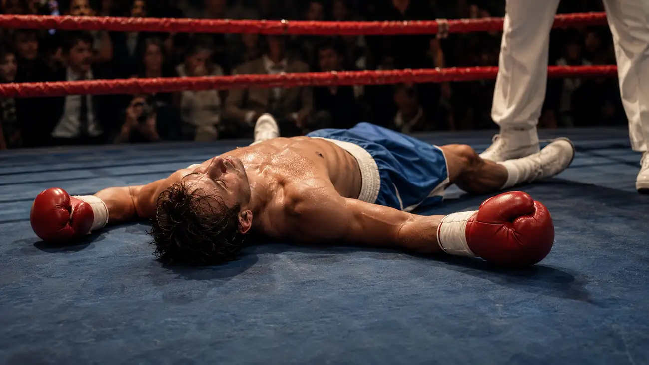 Pugile a terra dopo un knockout durante un match di boxe professionistica