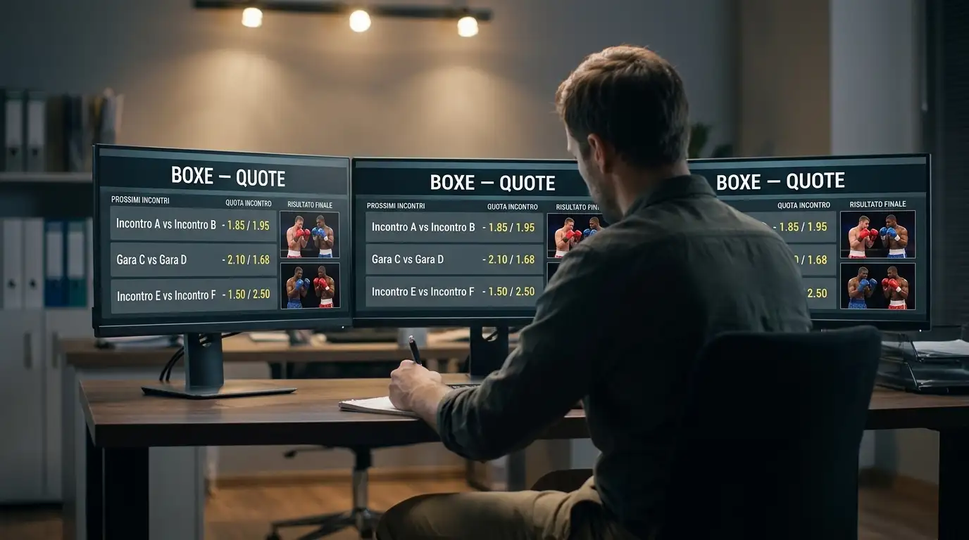 Analista che confronta tre schermi affiancati con quote di scommesse boxe da bookmaker diversi