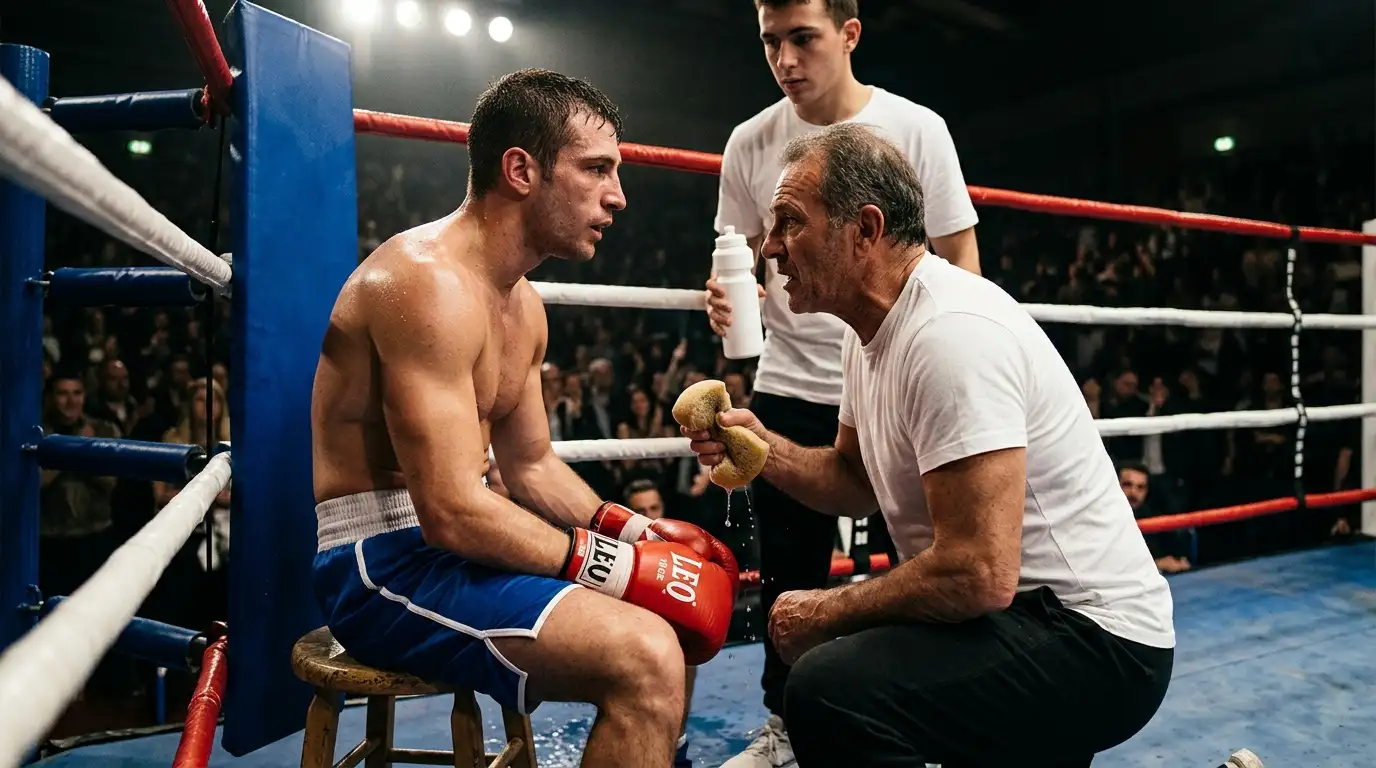 Pugile riceve istruzioni dal cornerman nell'angolo del ring fra una ripresa e l'altra