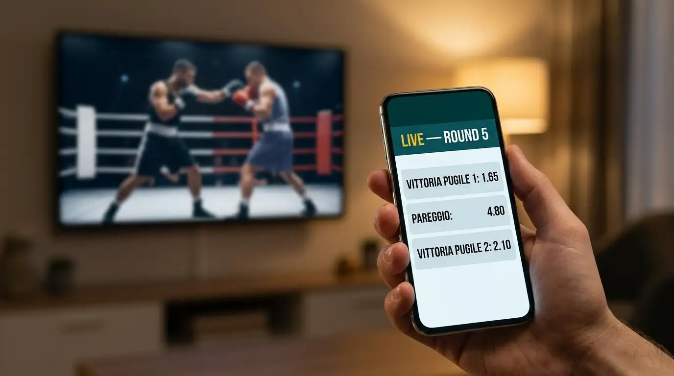 Mano che impugna uno smartphone con interfaccia di scommesse live durante un match di pugilato visibile sullo sfondo televisivo