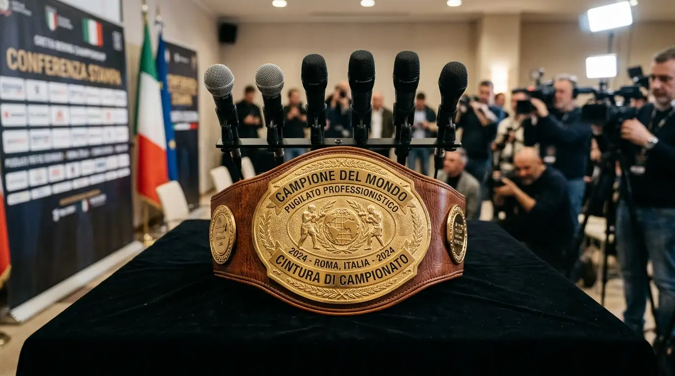 Cintura del campionato mondiale di pugilato professionistico esposta sul tavolo della conferenza stampa pre-match