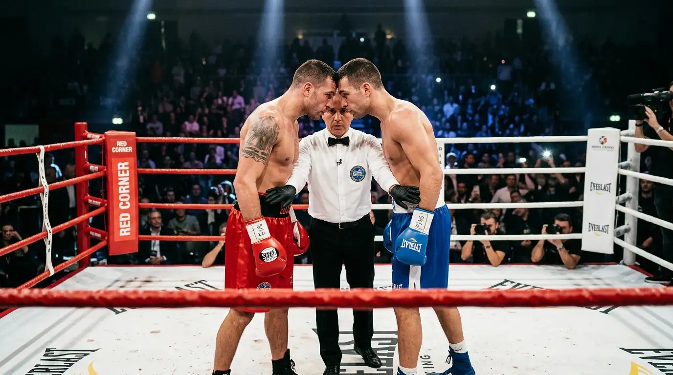 Due pugili professionisti si fronteggiano al centro del ring prima del primo round con arbitro fra loro