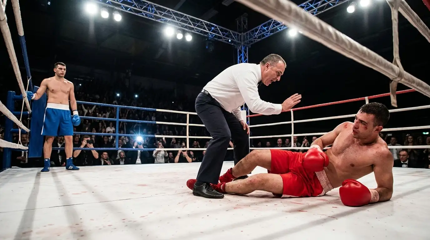 Pugile professionista a terra dopo un knockout con arbitro che inizia il conteggio