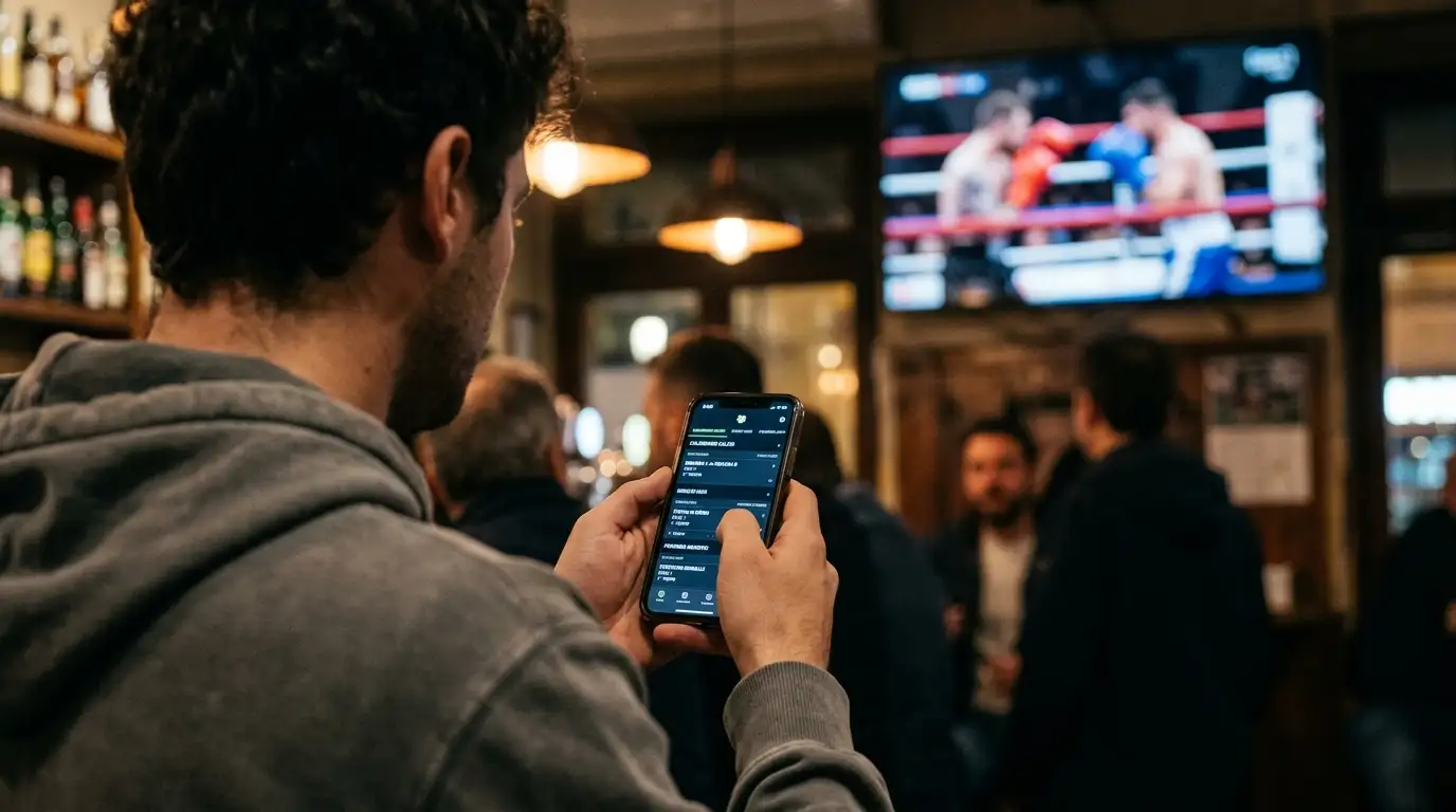 Tifoso apre l'app di scommesse pugilato su smartphone prima del gong