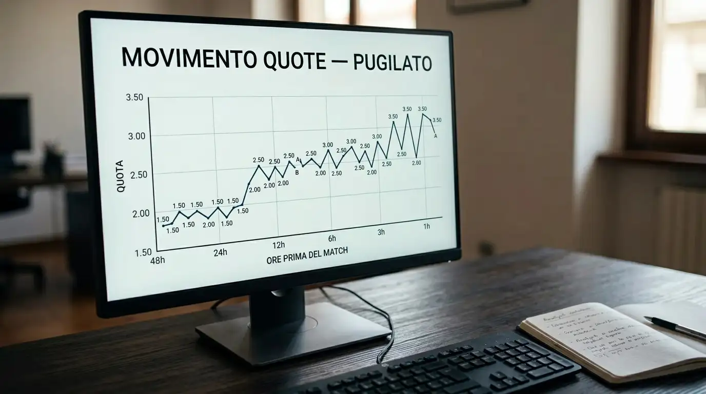 Schermata di un sistema di trading sportivo con un grafico a linee che mostra l'andamento di una quota di pugilato nelle ore prima del match