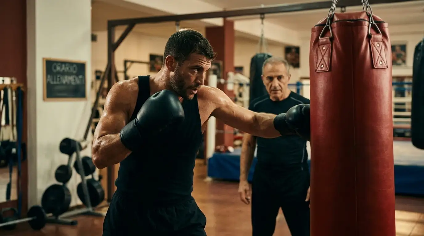Pugile italiano colpisce un sacco da boxe in una palestra ben attrezzata