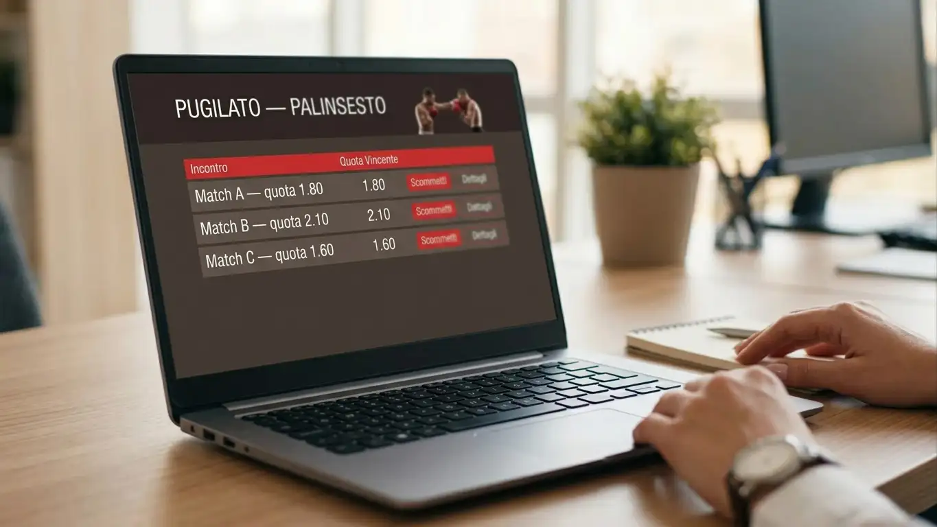 Schermata di un computer portatile che mostra il palinsesto di un bookmaker italiano con quote di un match titolato di pugilato
