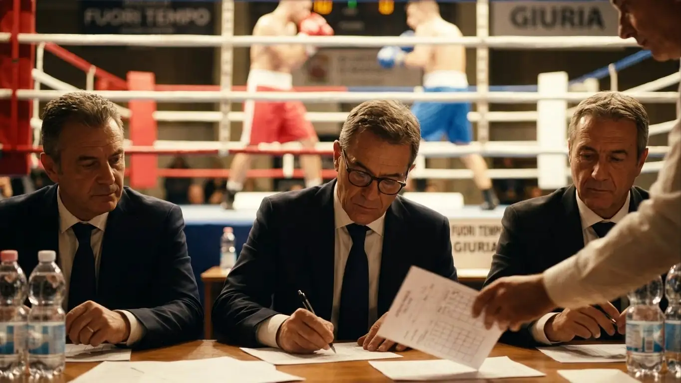 Giudici a bordo ring confrontano i loro cartellini al termine di un match