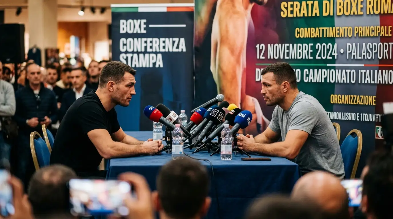 Conferenza stampa pre-match di pugilato con due pugili che si fissano davanti ai microfoni sul tavolo dei relatori