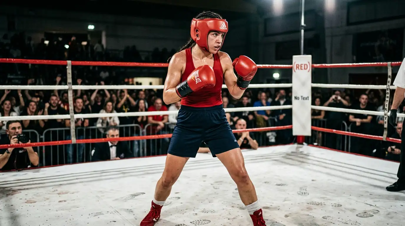 Pugile italiana professionista sul ring durante un match con guantoni e caschetto rosso sotto i riflettori