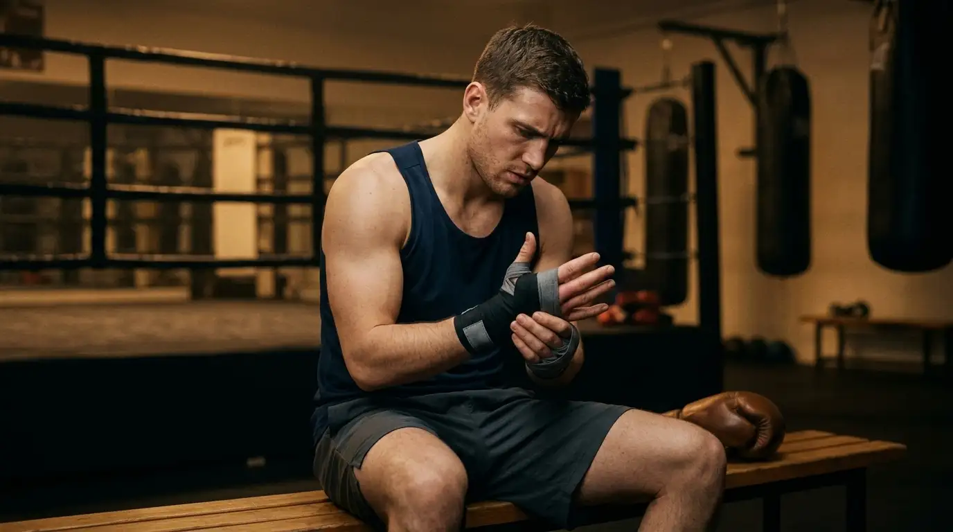 Pugile si massaggia la mano dolorante in palestra dopo allenamento