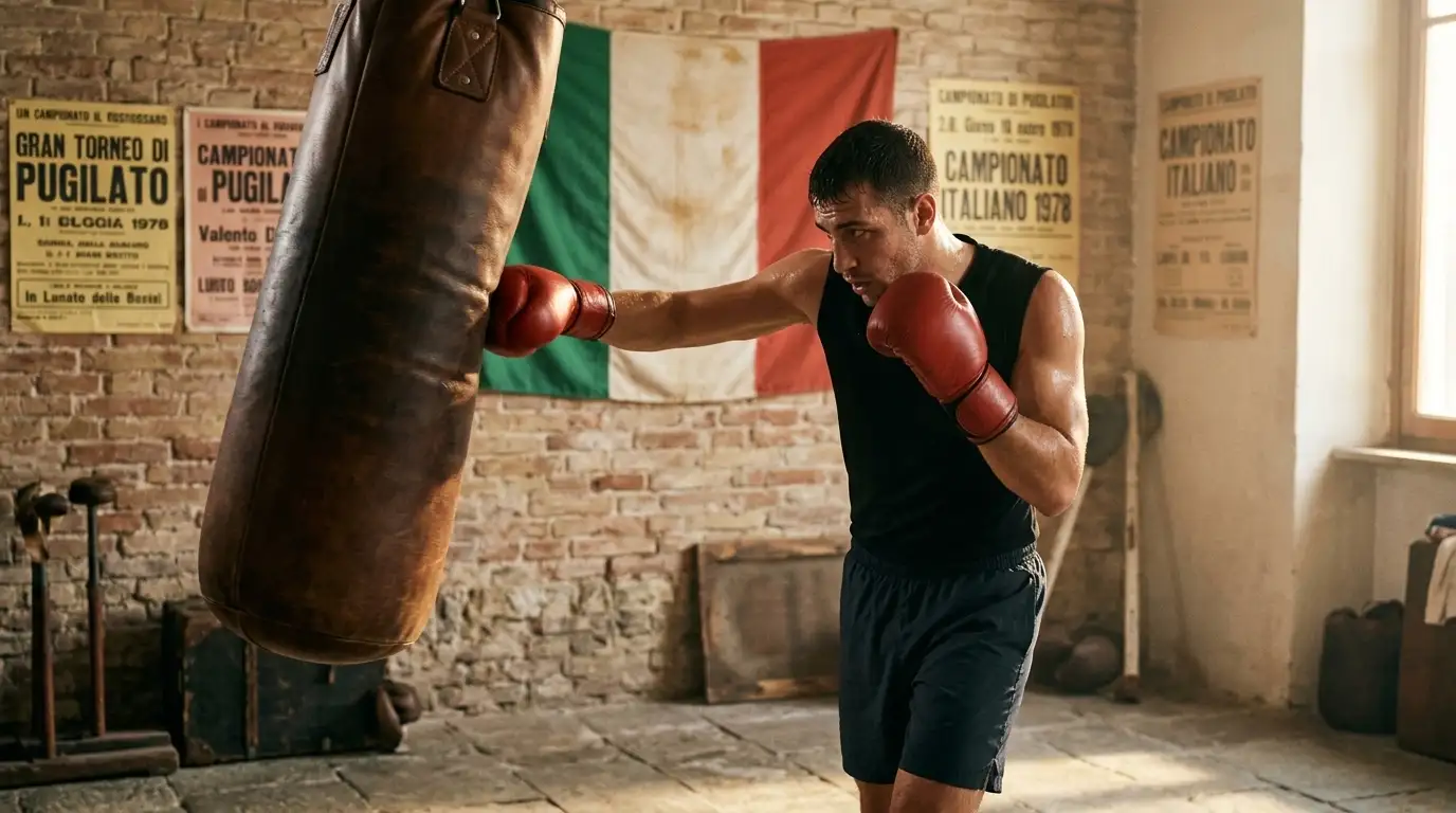 Pugile italiano professionista in allenamento di tecnica con i guantoni rossi su sacco da boxe in una palestra