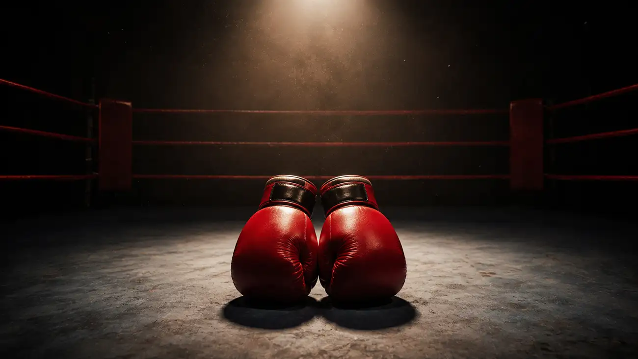 Riflettori illuminano il ring vuoto prima del match con guantoni rossi al centro