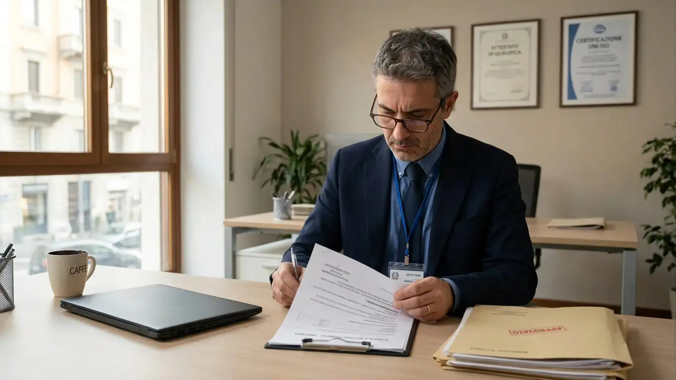 Ispettore in completo scuro che esamina documenti di compliance di un operatore di scommesse seduto a una scrivania d'ufficio
