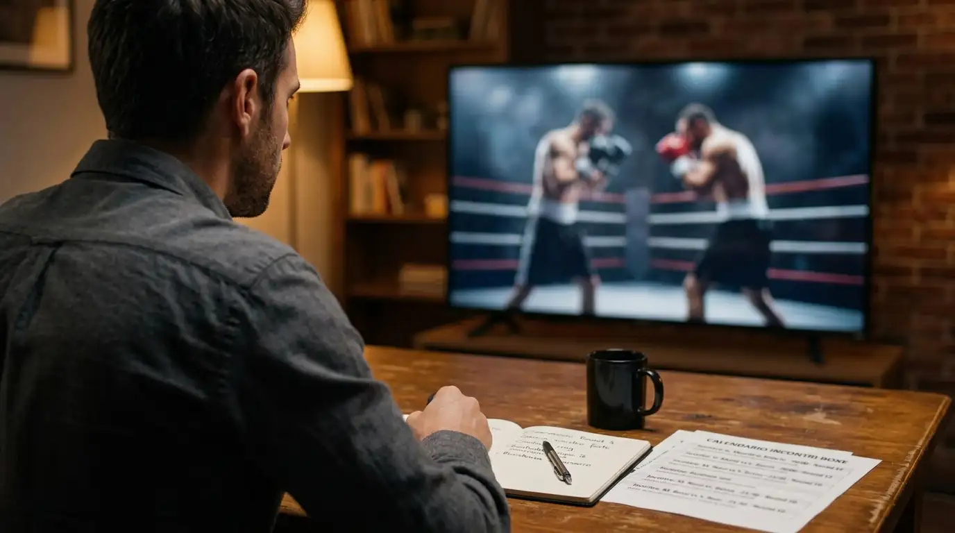 Analista pugilato prende appunti su un quaderno durante un incontro di boxe