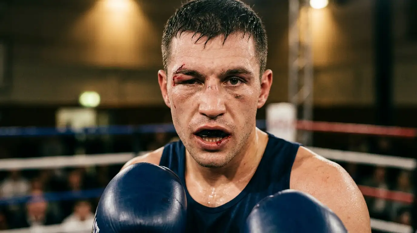 Pugile con taglio sopra l'occhio durante un round di un incontro di boxe