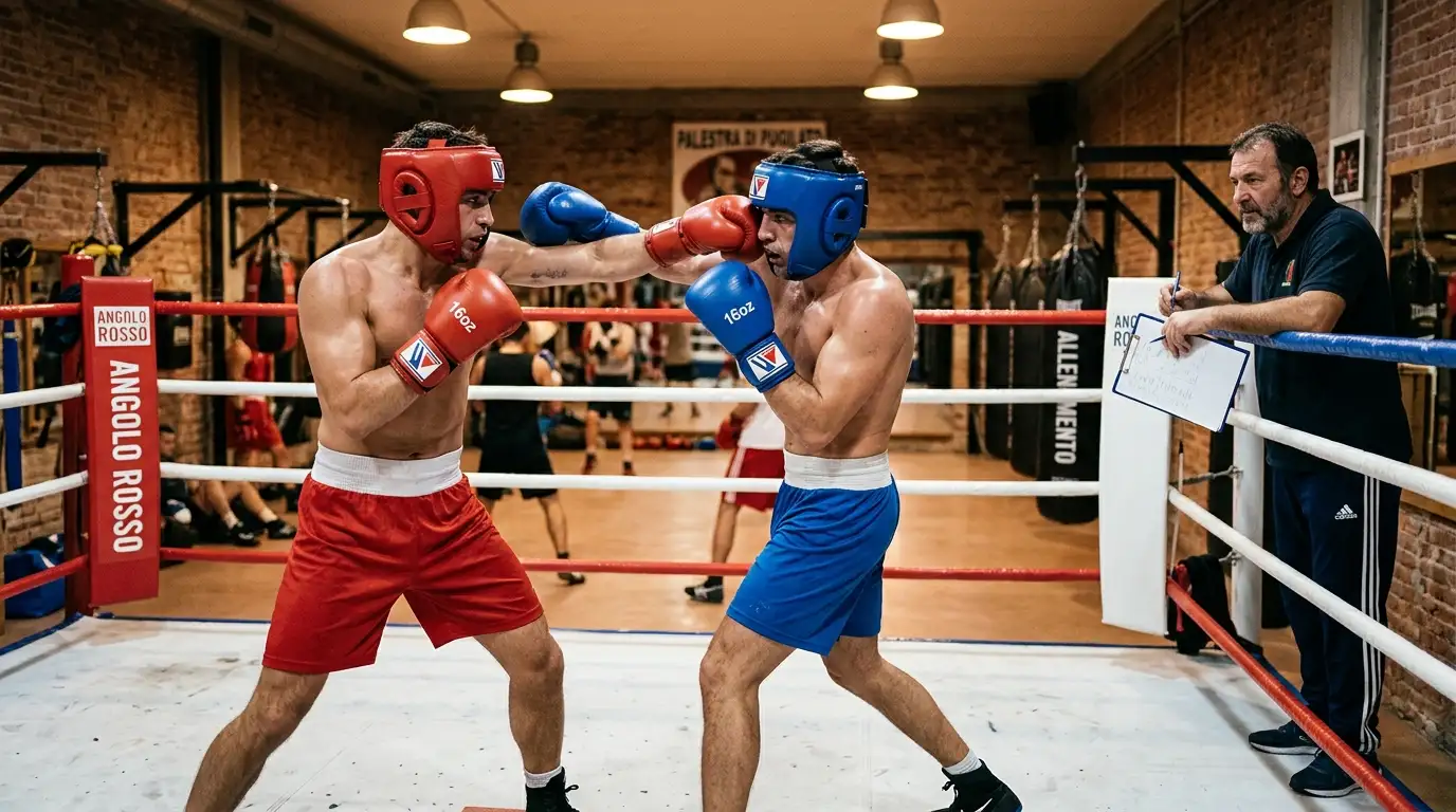 Sparring in palestra fra due pugili con allenatore che osserva i movimenti dal bordo del ring