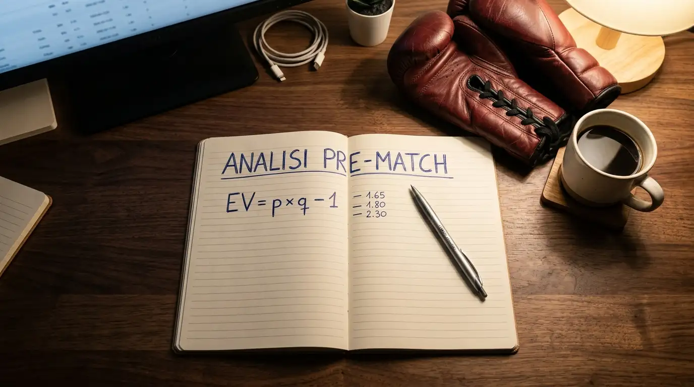 Foglio di analisi pre-match per scommesse boxe con calcoli di value bet e probabilità implicita