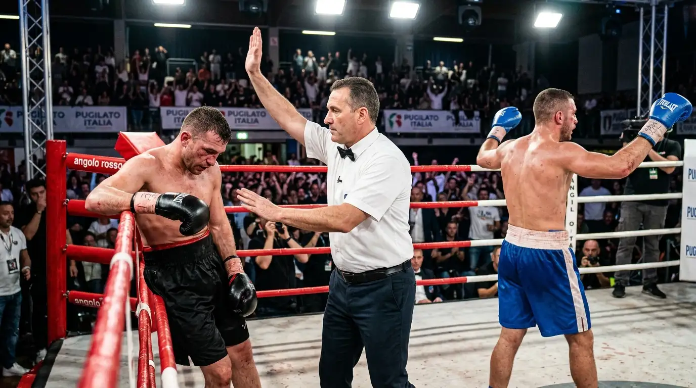 Arbitro interviene per fermare l'incontro durante un knockout tecnico