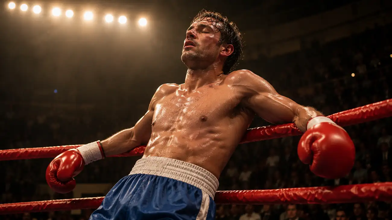 Pugile esausto si appoggia alle corde al termine di un round in un match di boxe
