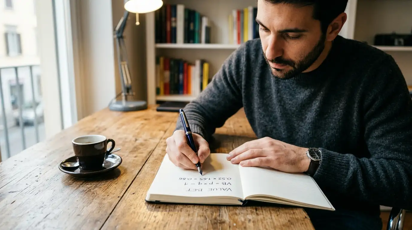 Analista al tavolo che annota a mano una formula di value bet su un quaderno aperto vicino a una tazza di caffè