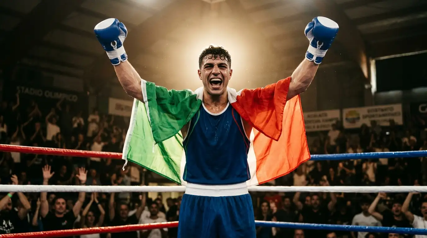 Pugile italiano festeggia una vittoria con la bandiera tricolore sulle spalle